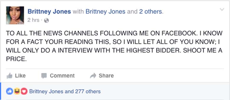 Tweet Sent Out Brittney Jones Offering News Agencies Money For Interview